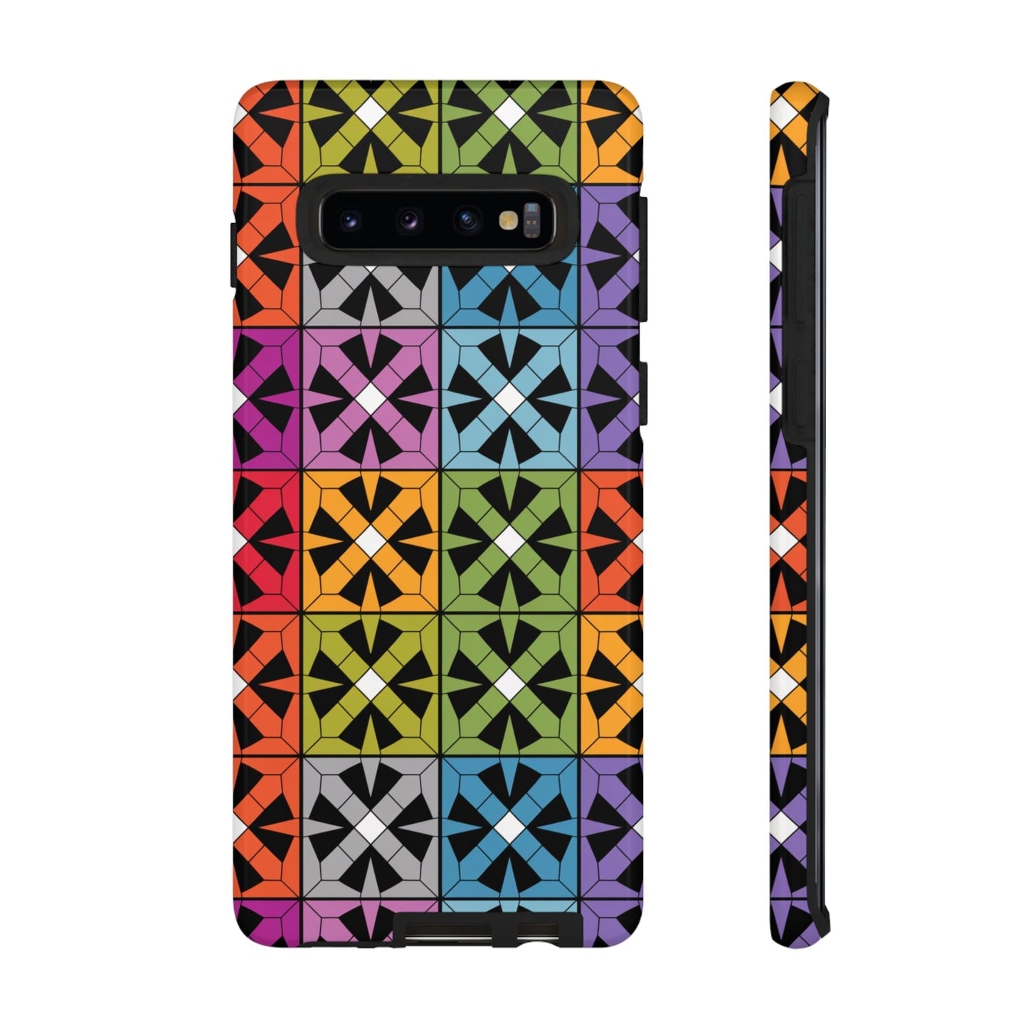 Samsung Galaxy case with durable, shockproof rainbow abstract design in vibrant geometric pattern