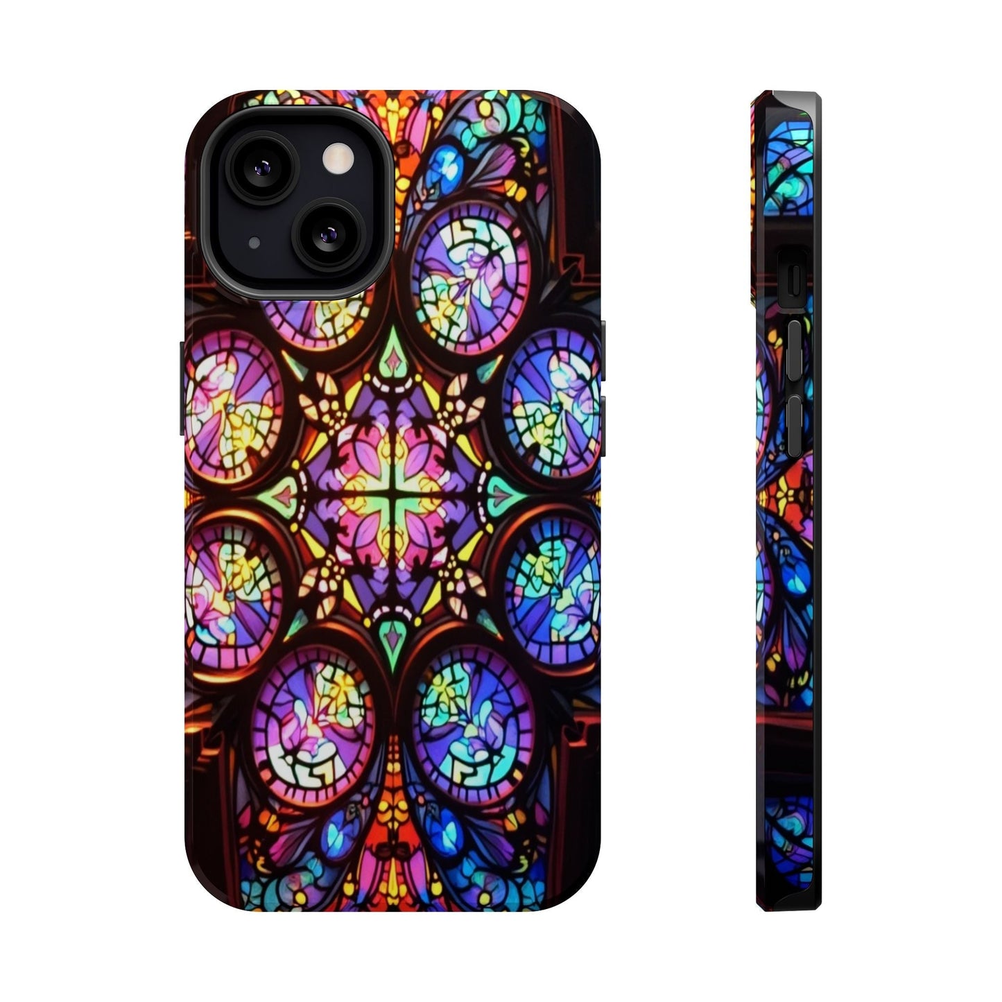 Colorful hypnotic stained glass pattern iPhone tough case with MagSafe compatibility and durable dual-layer protection.
