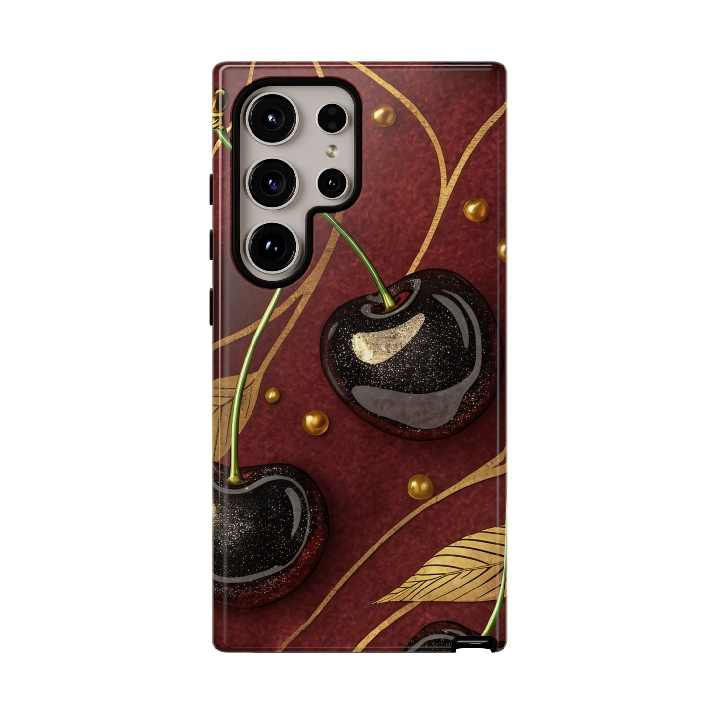 Golden Cherry Samsung Tough Case with 3D cherry design, durable protective cover for Samsung phone against drops and scratches