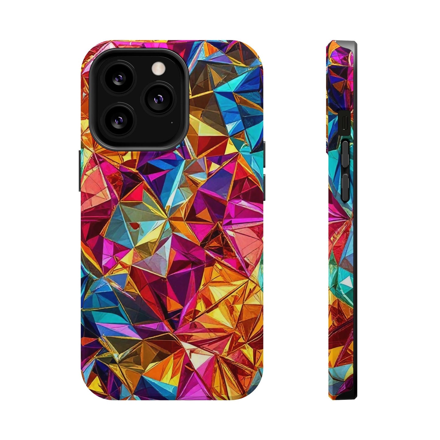 Colorful geometric rainbow foil iPhone tough case with glossy finish and MagSafe compatibility