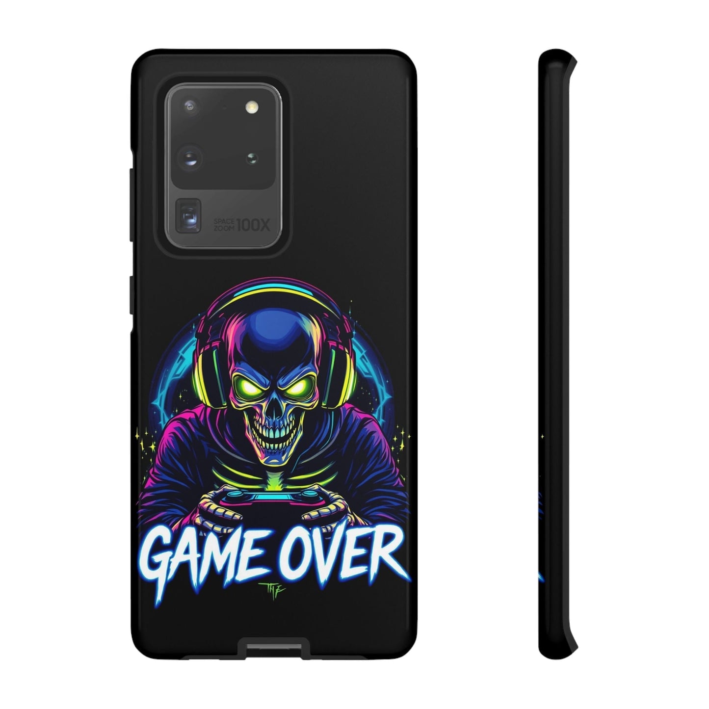 Game Over Design Samsung tough case with impact-resistant skull gamer graphic and bold "Game Over" text on black phone cover