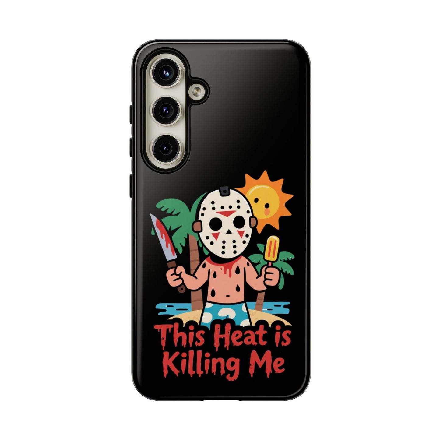 Samsung phone case with "This Heat is Killing Me" Summerween design featuring a cartoon character in a hockey mask holding a knife and popsicle under a sun and palm trees