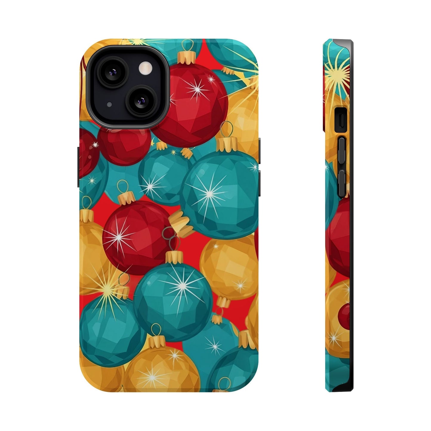 iPhone case with colorful Christmas Tree Sparkle Bulbs design in red, teal, and gold, glossy finish, MagSafe compatible