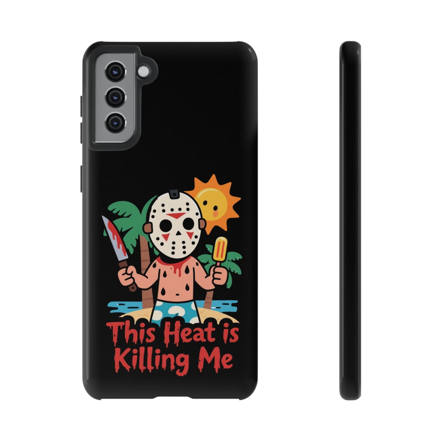 Samsung phone case featuring a Summerween-inspired design with a cartoon character in a hockey mask holding a knife and popsicle, text reading "This Heat is Killing Me" on black background.