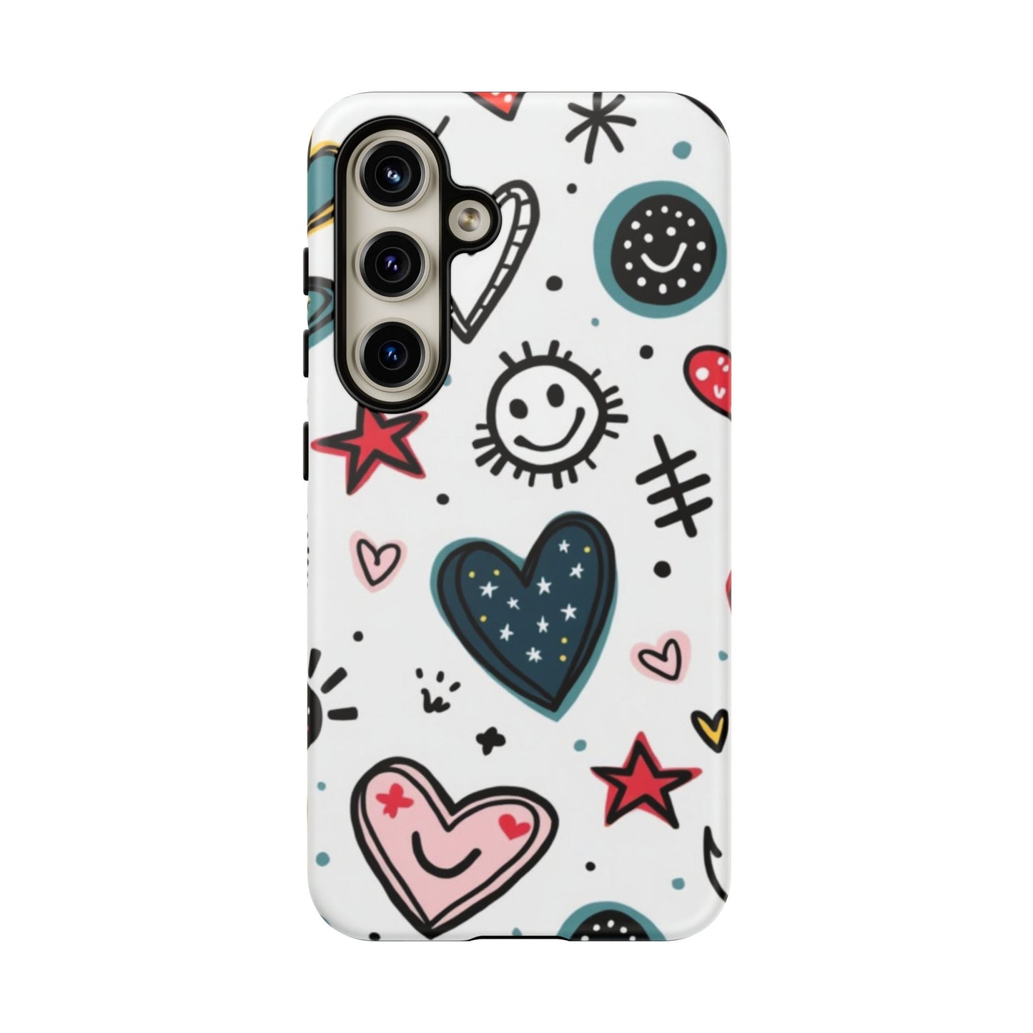Smiles and Hearts Samsung tough phone case with playful hearts and smiley face design for Samsung Galaxy models