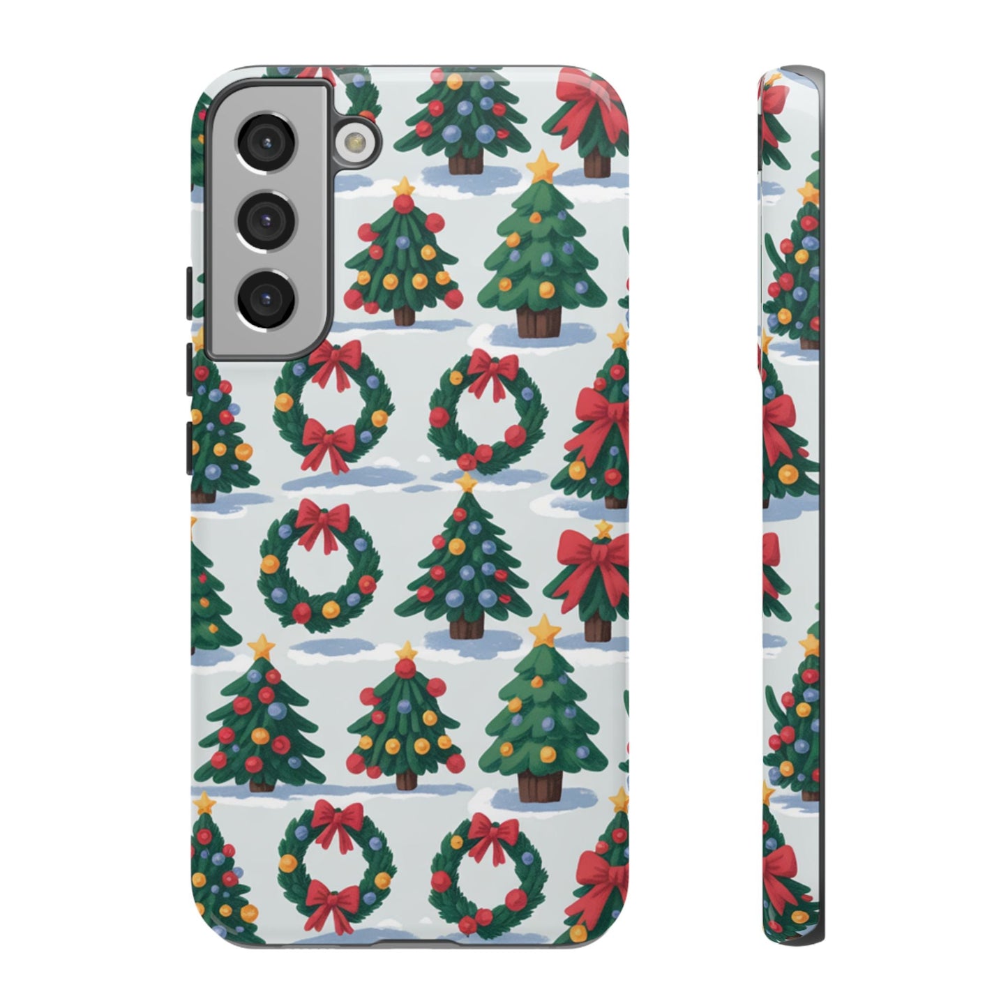Samsung phone case with festive Holiday Wreath Tree and Christmas decorations pattern
