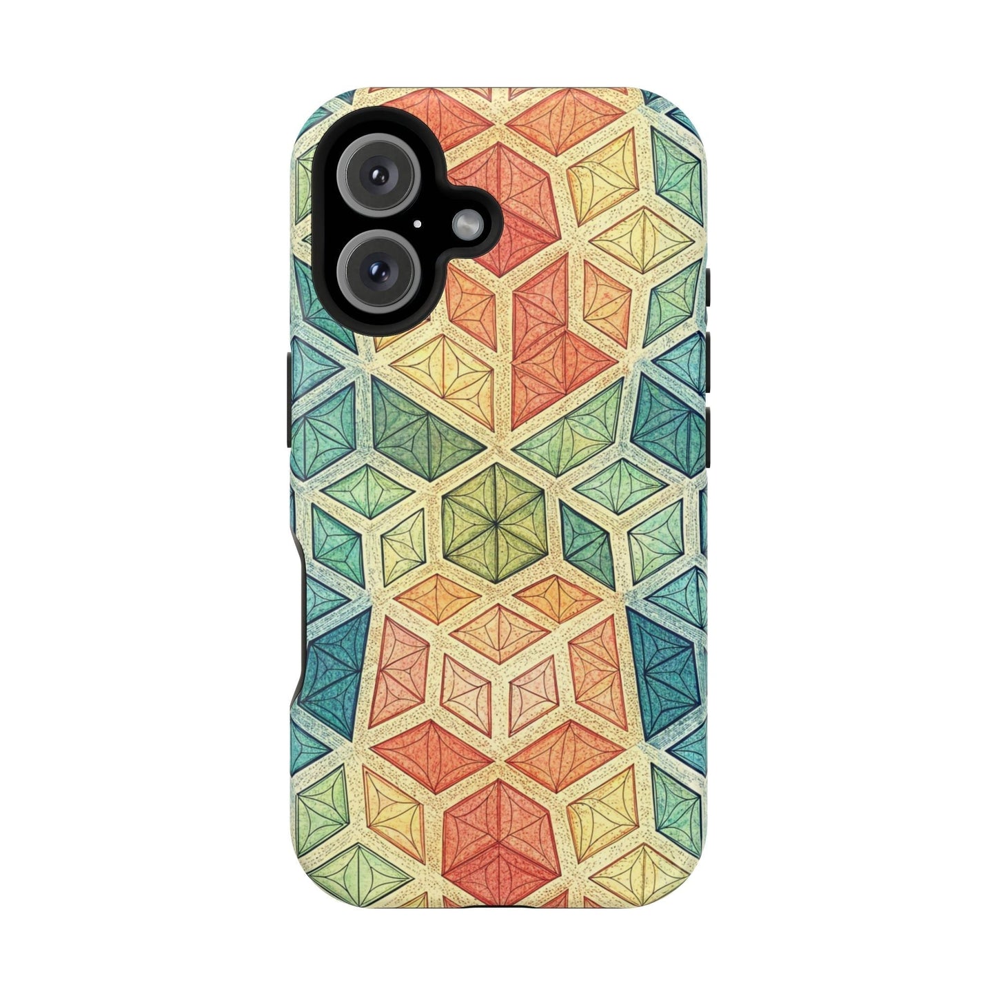 Colorful fractal iPhone case with geometric design, durable magnetic tough polycarbonate and TPU protection, compatible with MagSafe accessories.