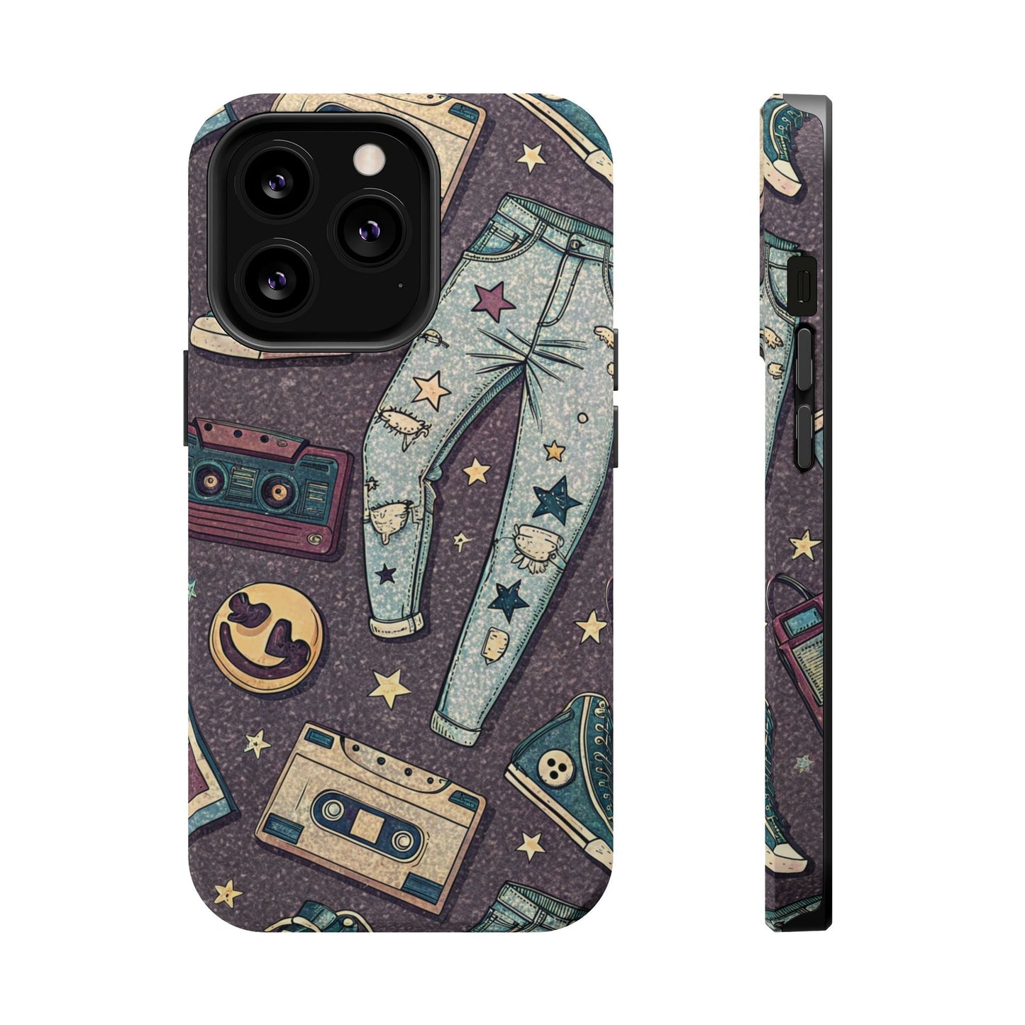 iPhone tough case with 90s grunge cassette tape collage, ripped jeans, and retro star motifs in vintage style