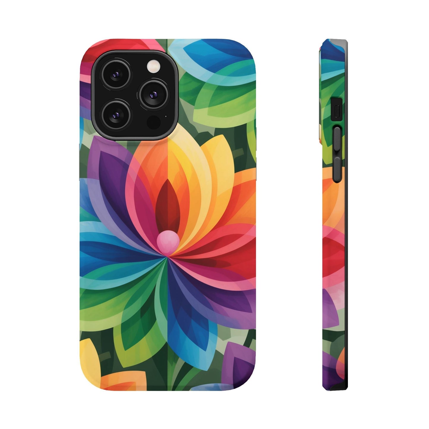 Rainbow Flower iPhone Case with vibrant multicolor floral design and MagSafe compatibility
