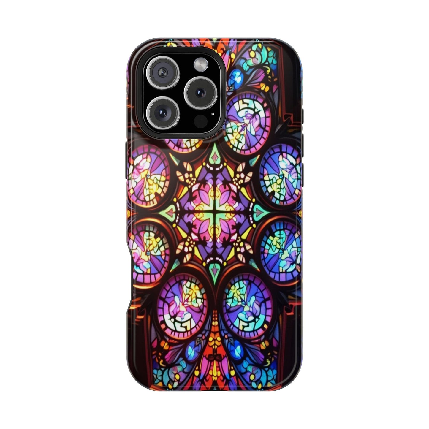 Colorful hypnotic stained glass design iPhone tough case with durable dual-layer protection and MagSafe compatibility.