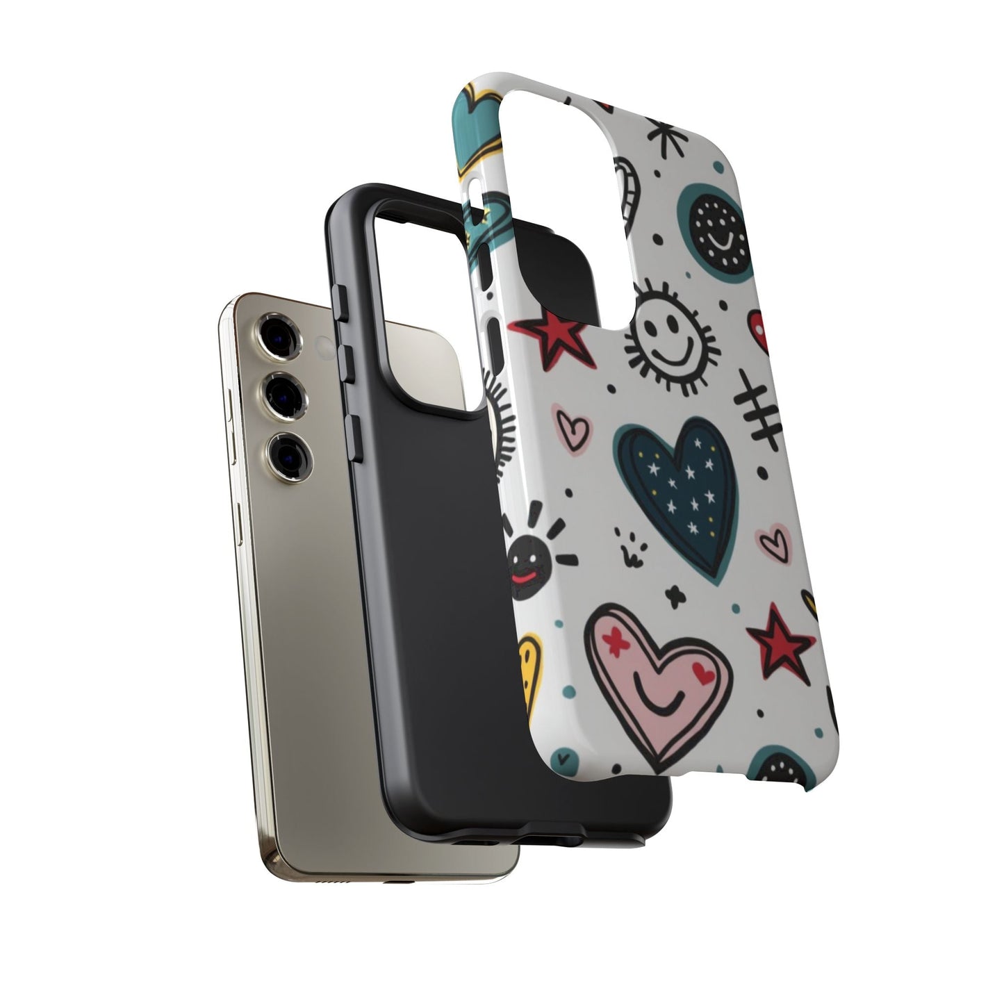 Samsung Tough Phone Case with colorful smiles and hearts design, durable and shock-absorbent for Galaxy S series phones