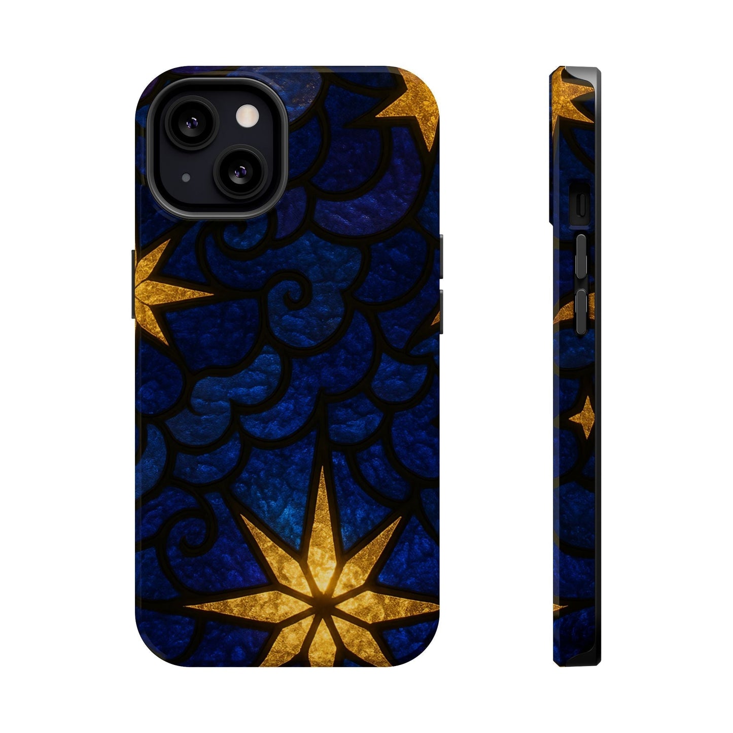 Golden Star Design iPhone tough case with durable dual-layer protection and MagSafe compatibility, featuring a vibrant blue and gold star pattern.