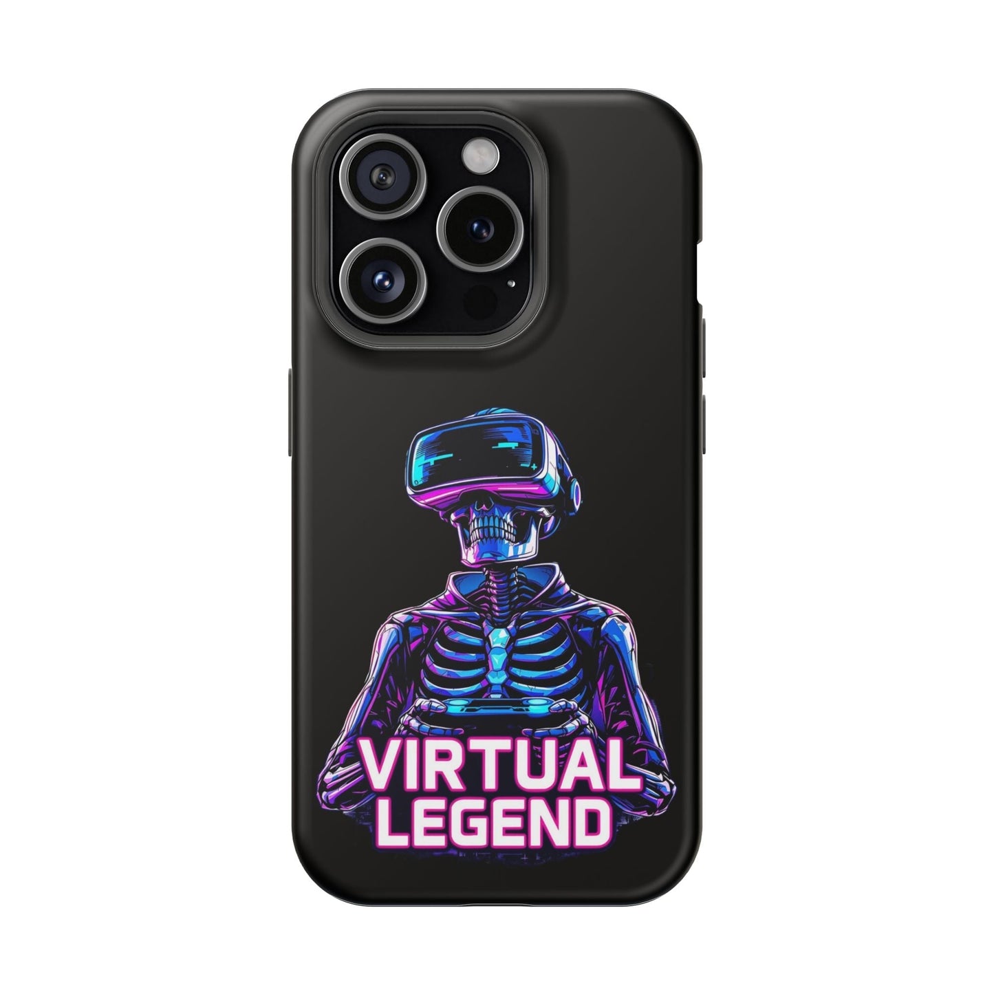 Black iPhone tough case with Virtual Legend Gamer skeleton wearing VR headset and neon text design