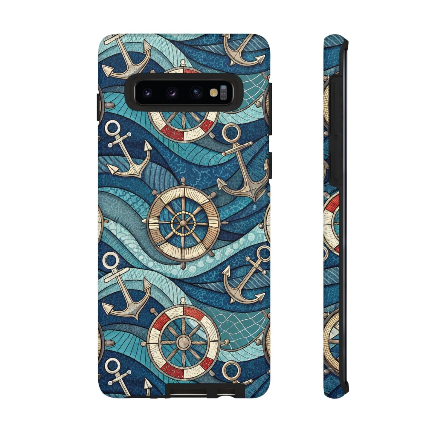Samsung tough case with nautical anchor and life preserver design in blue tones for sea lovers