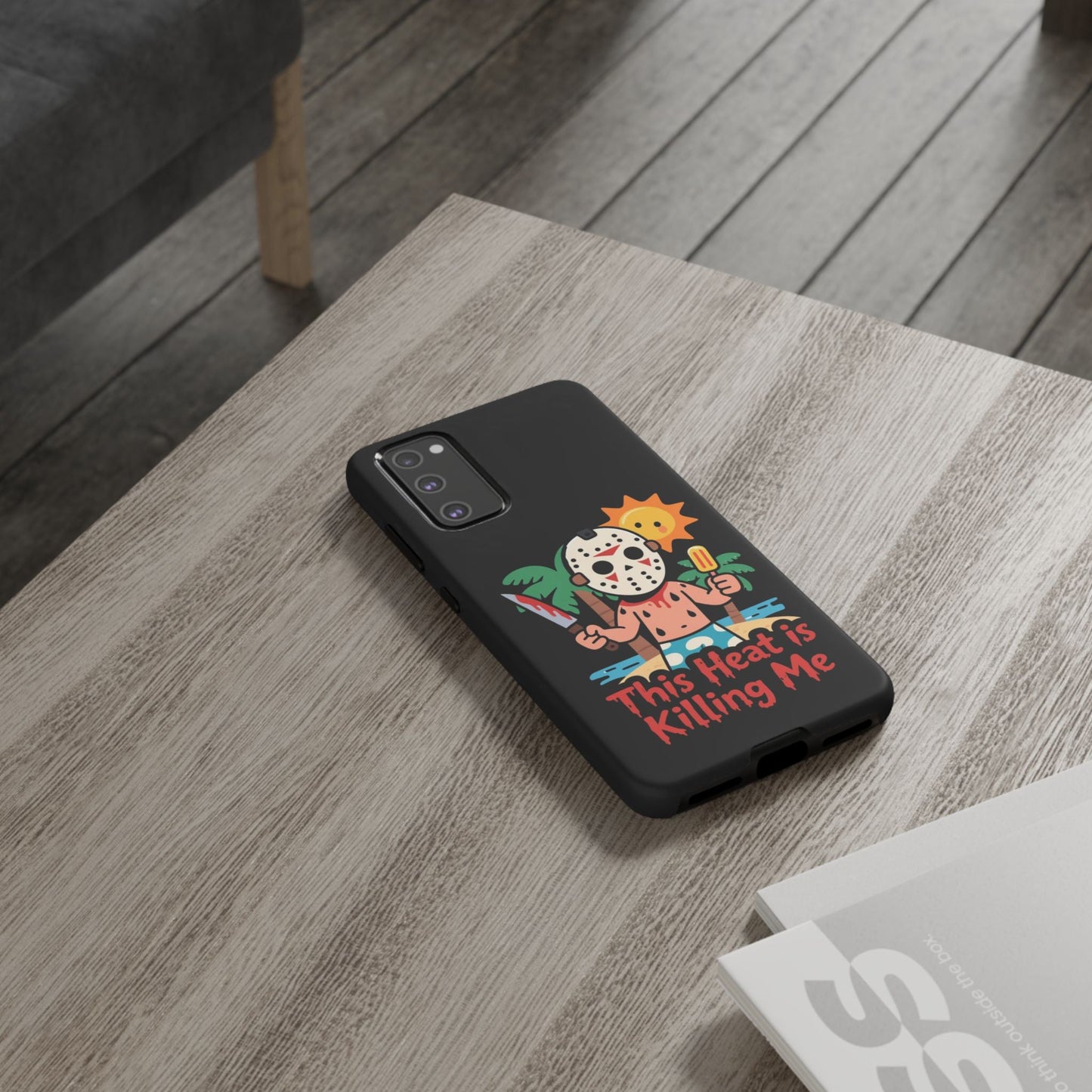 Samsung phone case with "This Heat is Killing Me" Summerween inspired graphic and durable shock-resistant protection