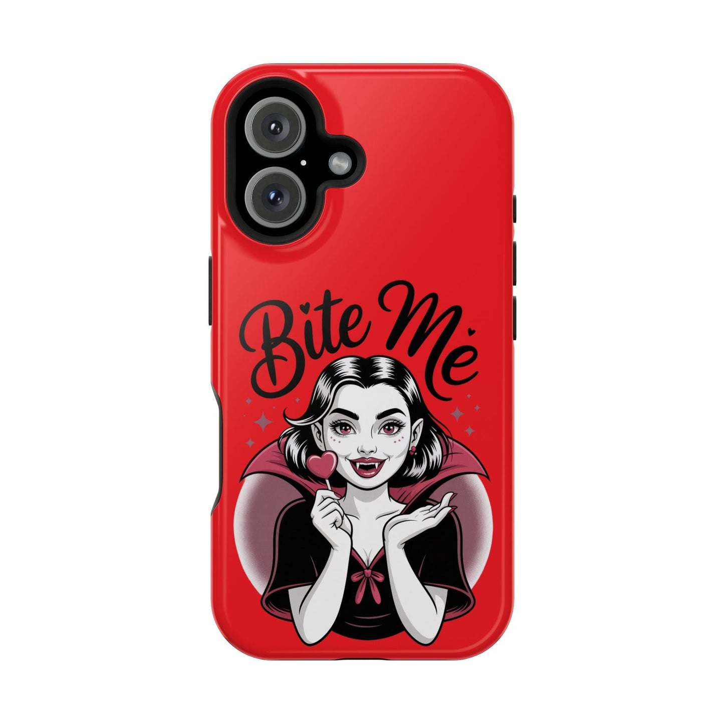 Halloween Vampire iPhone case with "Bite Me" text, featuring a cartoon vampire girl holding a heart-shaped lollipop on red background, MagSafe compatible and protective dual-layer design
