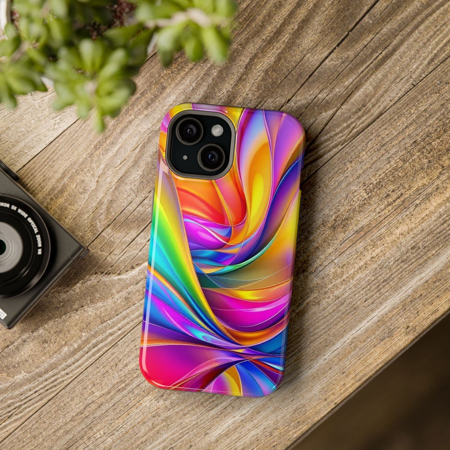 Deconstructed Rainbow Wave iPhone tough case with vibrant colorful abstract design on wooden surface