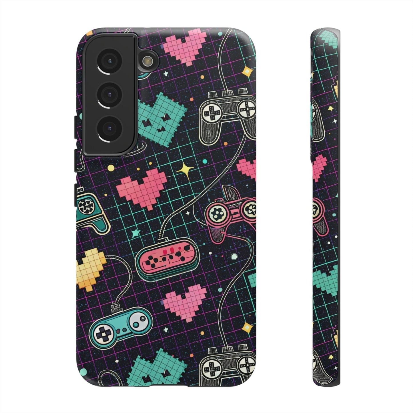 Retro Gamer Tough Case for Samsung Galaxy with colorful pixel hearts and vintage game controllers design