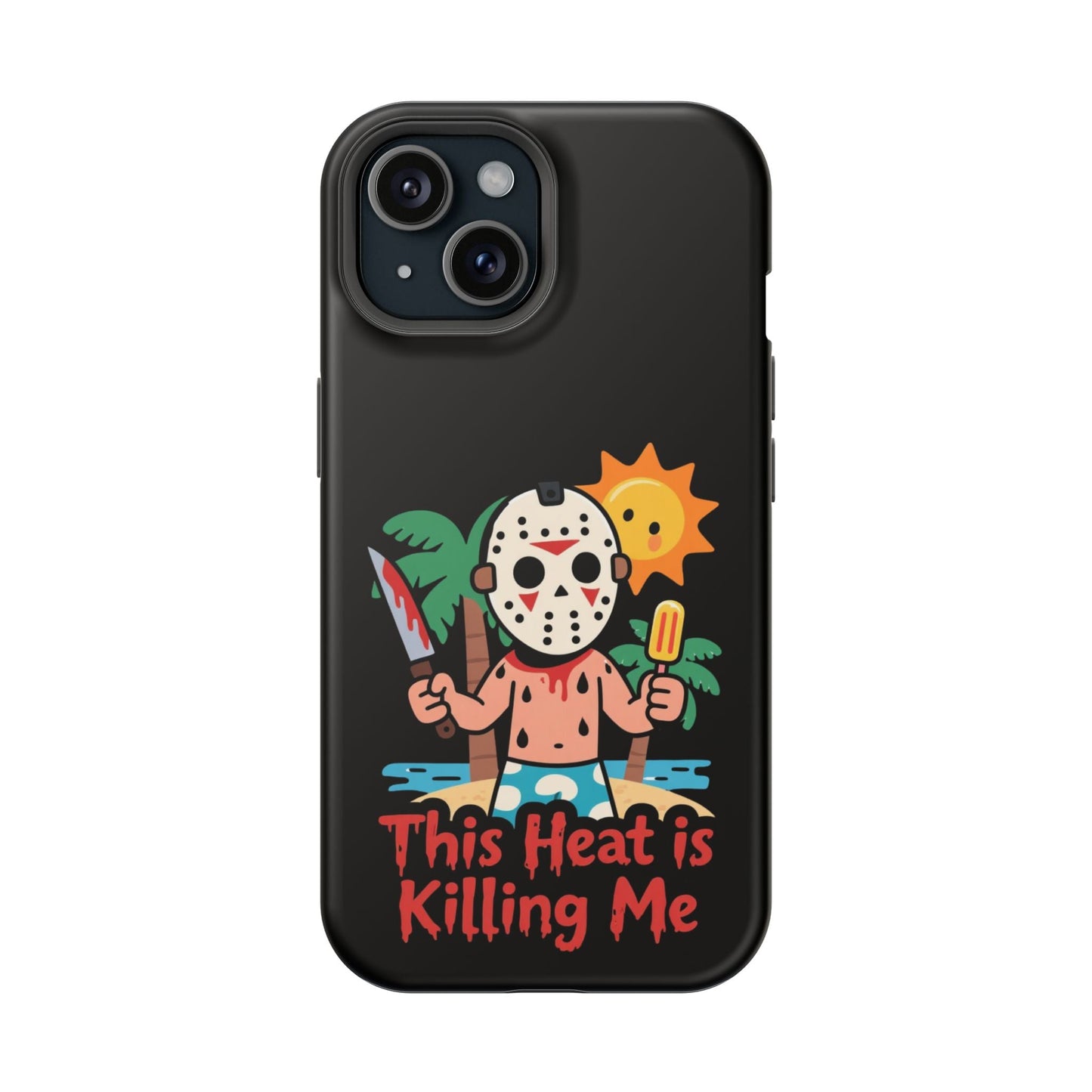 Funny summerween inspired iPhone case with "This Heat is Killing Me" text and cartoon character holding popsicle and knife against sun background