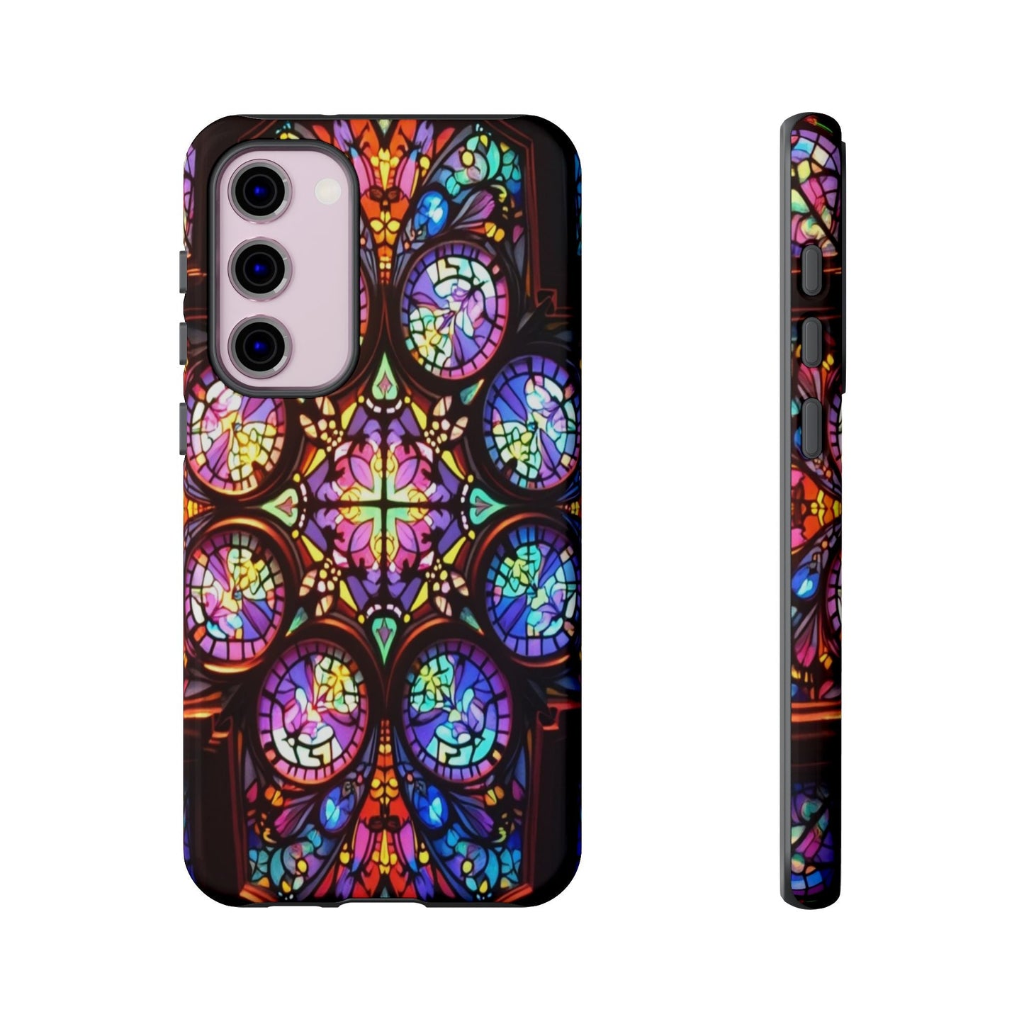 Colorful hypnotic stained glass design Samsung phone case with drop protection and vibrant 3D print.