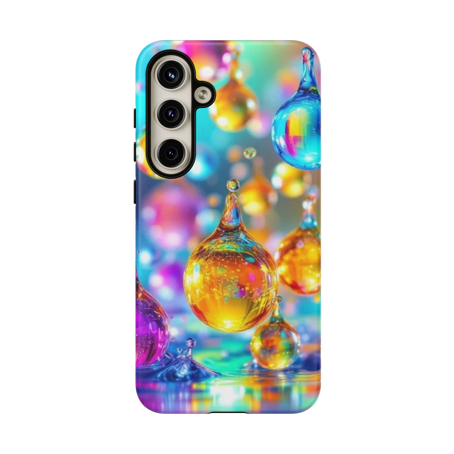 Samsung phone case with vibrant 3D golden raindrop design offering shock absorption and weather resistance