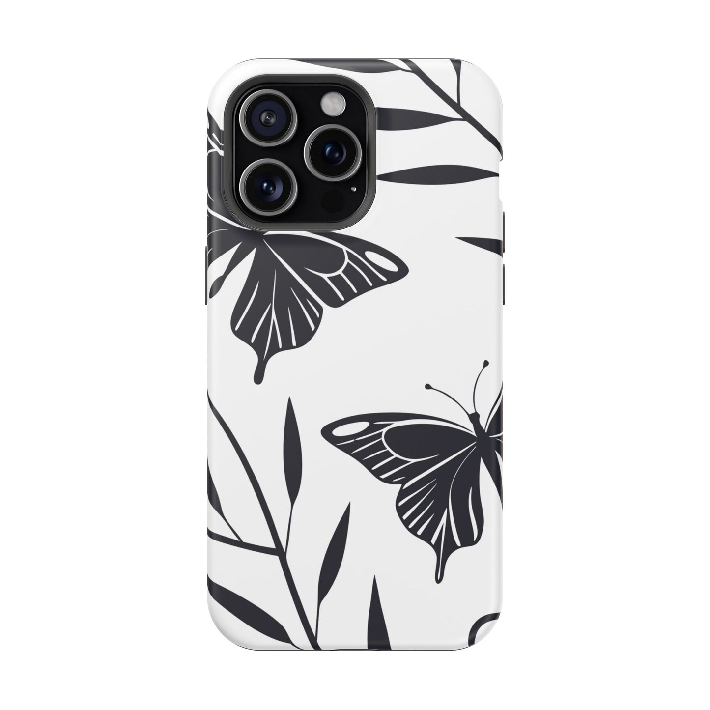 Black and white minimalist butterfly design iPhone case with MagSafe compatibility and protective dual-layer construction
