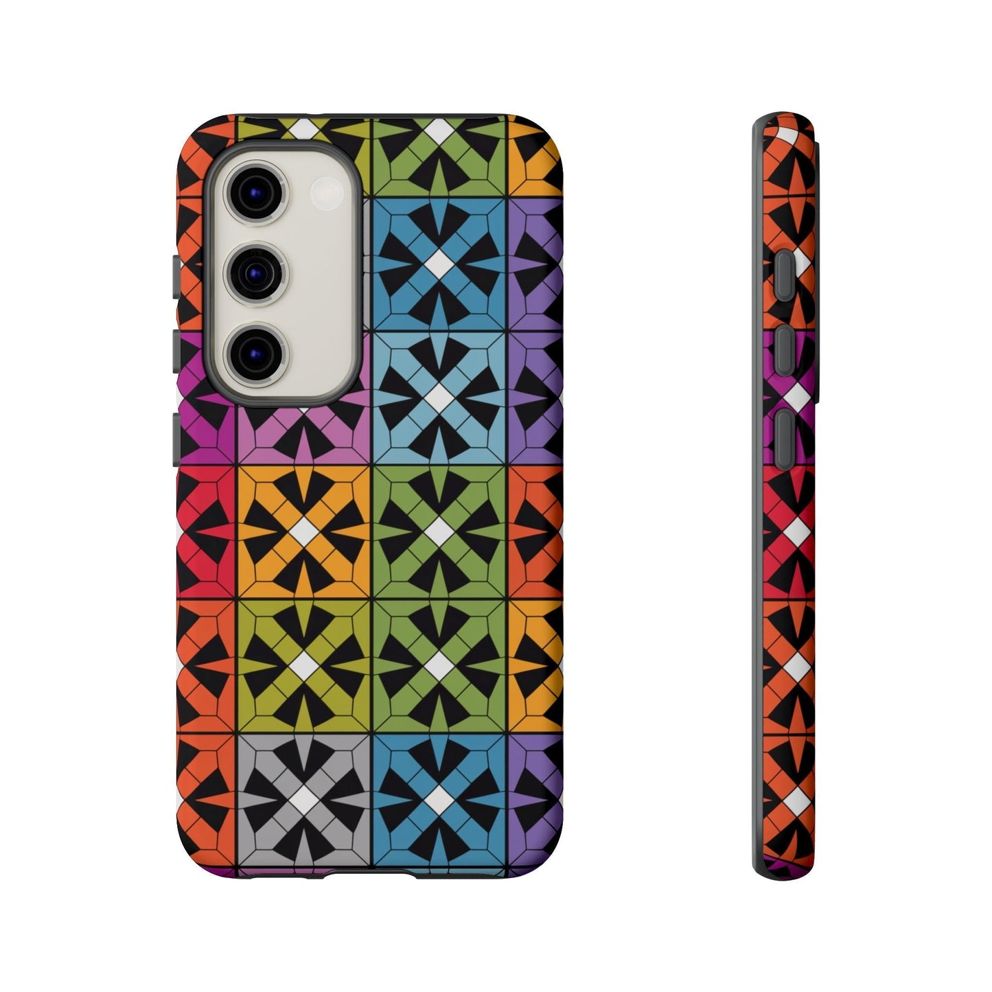 Samsung phone case with vibrant rainbow abstract design featuring square geometric patterns and durable shock-resistant protection