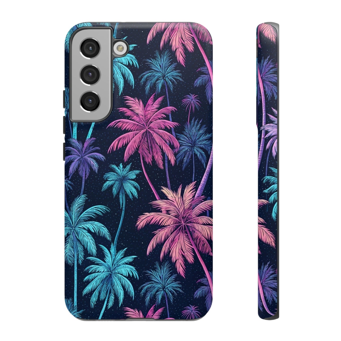 Samsung Galaxy phone case with neon pink and blue palm tree design on a dark background.
