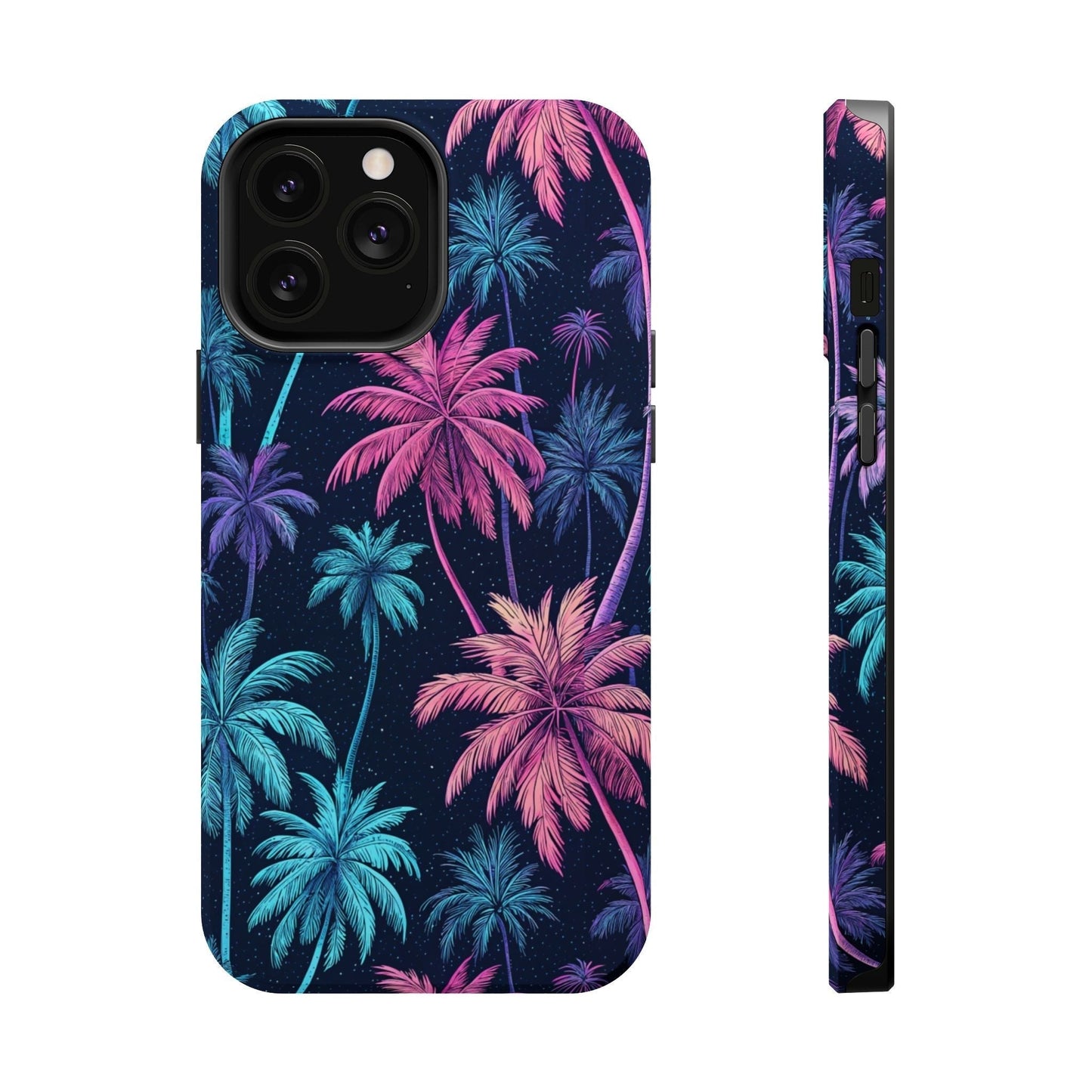 iPhone case with neon blue and pink palm trees design, featuring dual-layer protection and MagSafe® compatibility