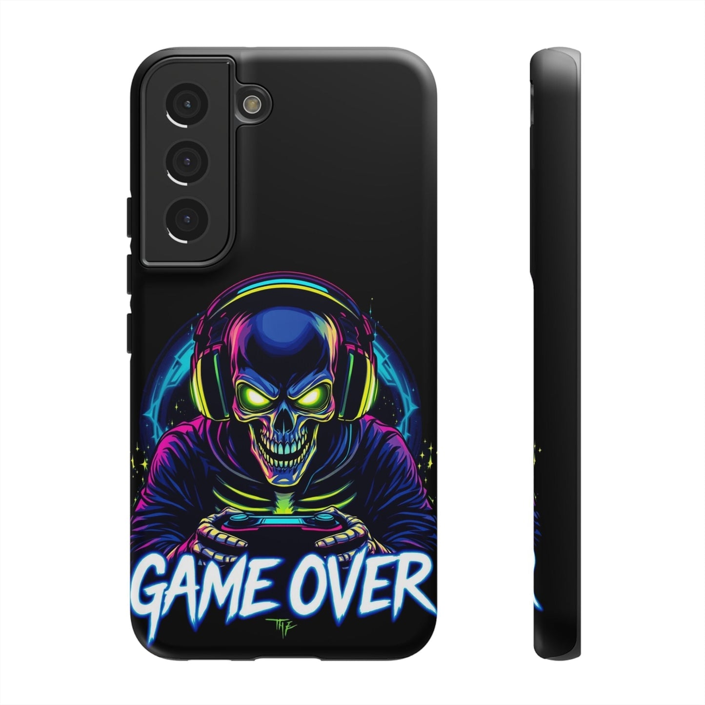 Black Samsung tough case featuring a colorful neon skull gamer with headphones and "Game Over" text, durable and impact-resistant design for Galaxy phones.