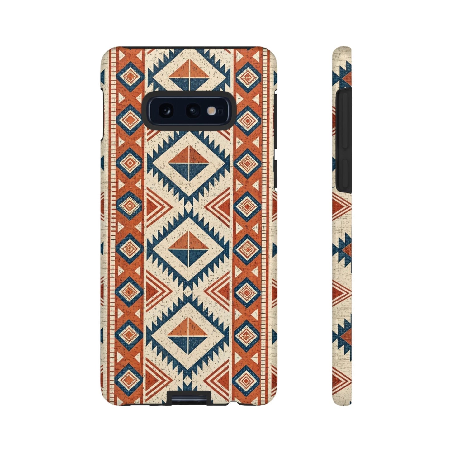 Tribal design Samsung tough phone case with geometric pattern in red, blue, and beige colors.