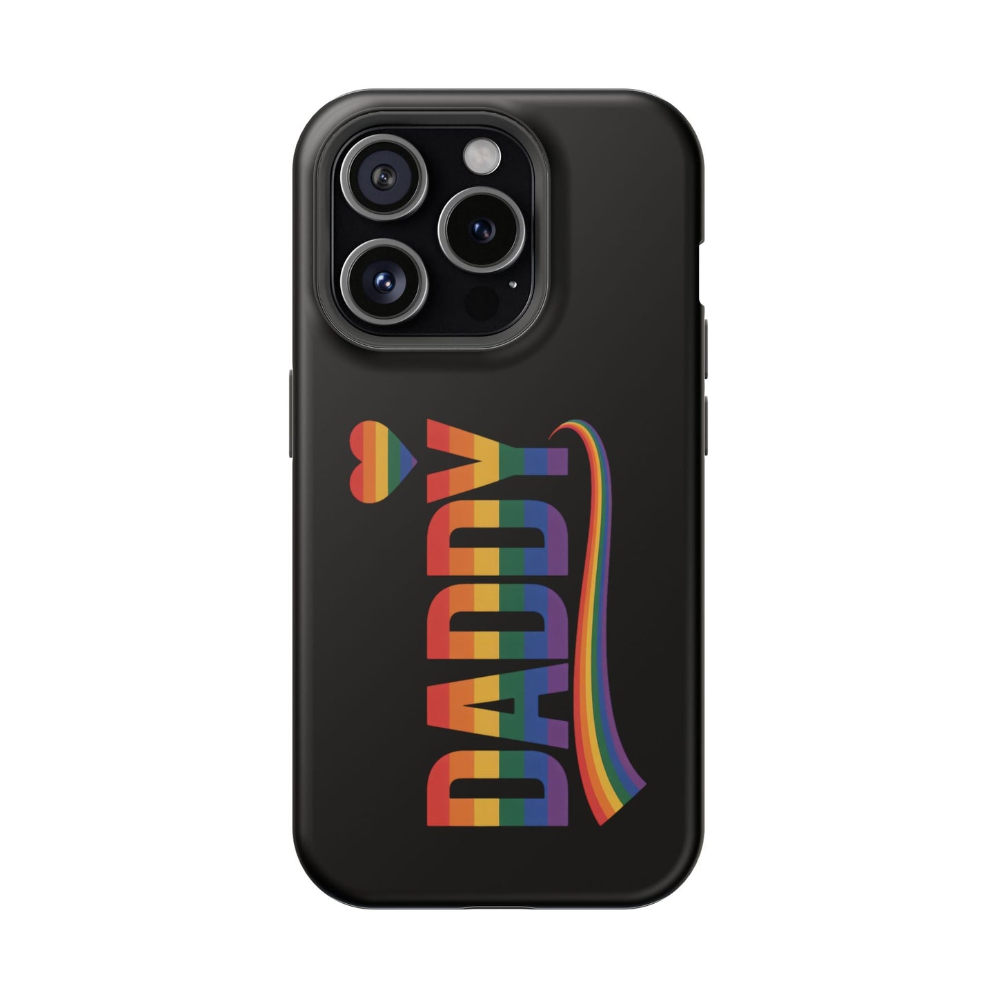 Black iPhone tough case with rainbow-colored "DADDY" text and heart design for Fun Daddy LGBT Daddy fans
