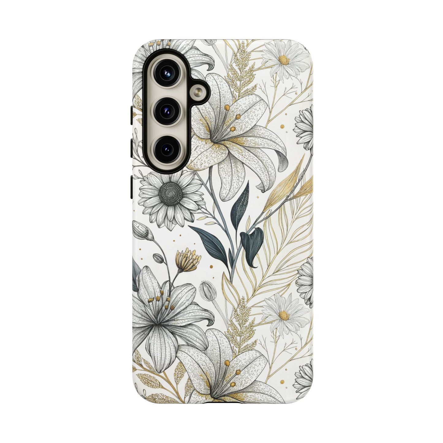 Golden Leaf Minimalist Samsung tough case with floral gold and white design for premium protection