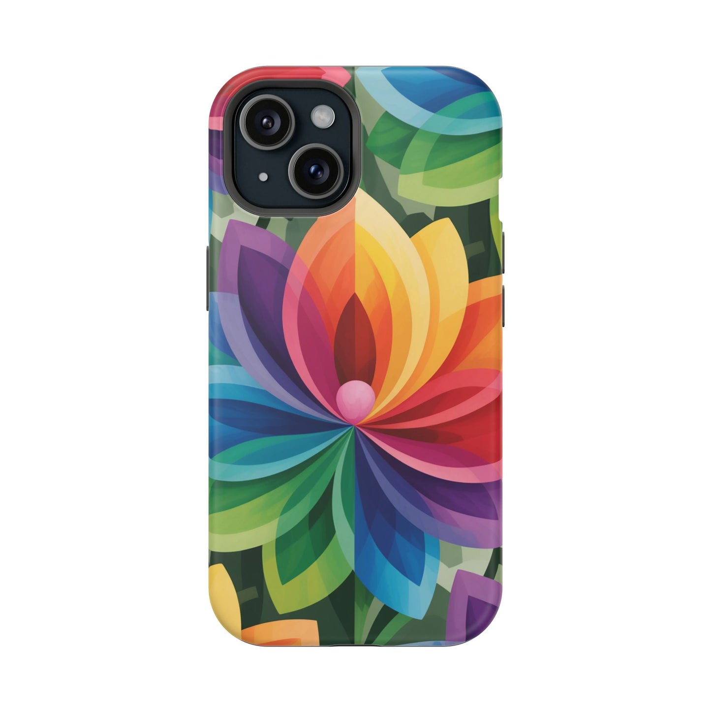 Rainbow Flower iPhone Case with vibrant multicolor floral design, magnetic MagSafeยฎ compatible tough protective cover