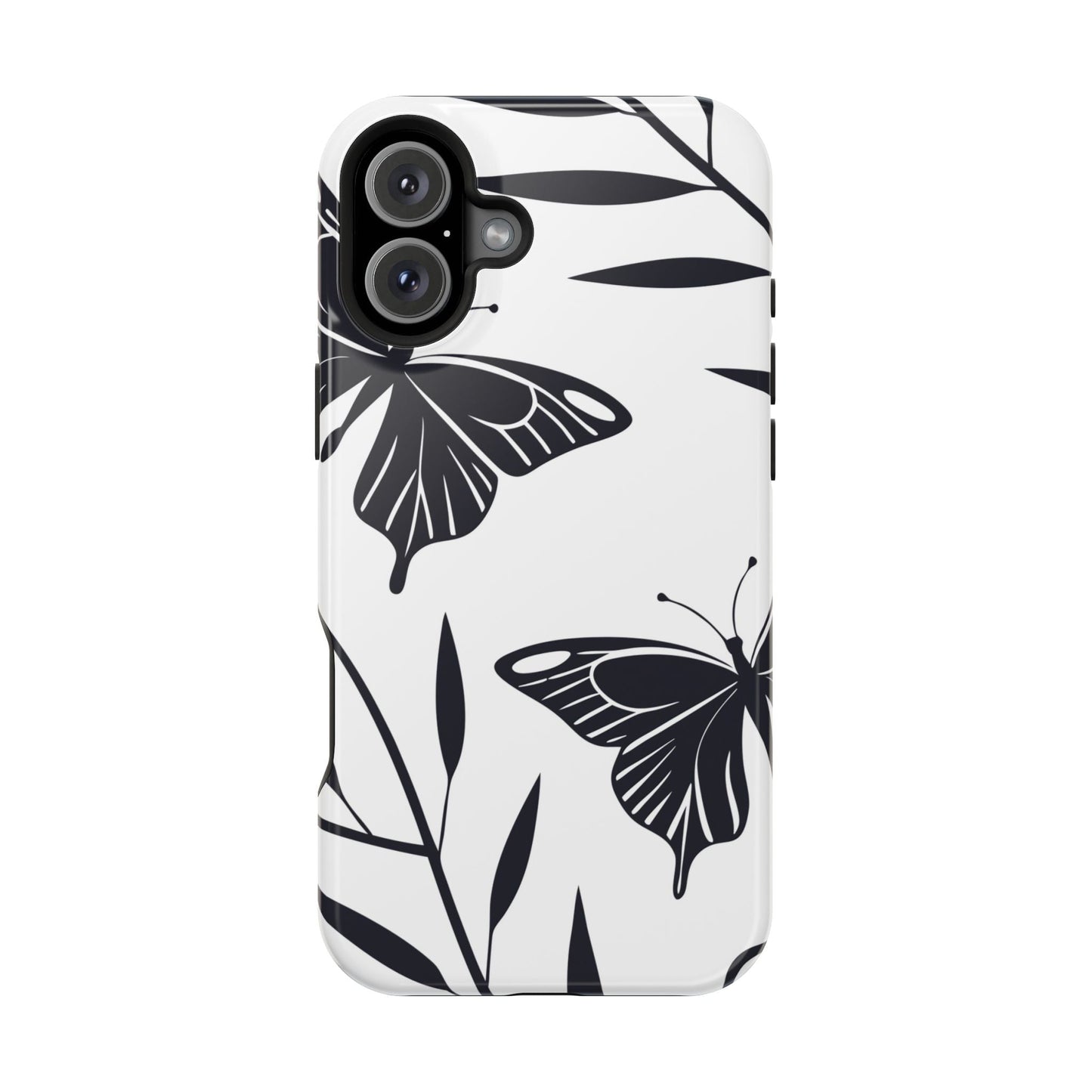Black and white minimalist butterfly design iPhone case with durable dual-layer protection and MagSafe compatibility