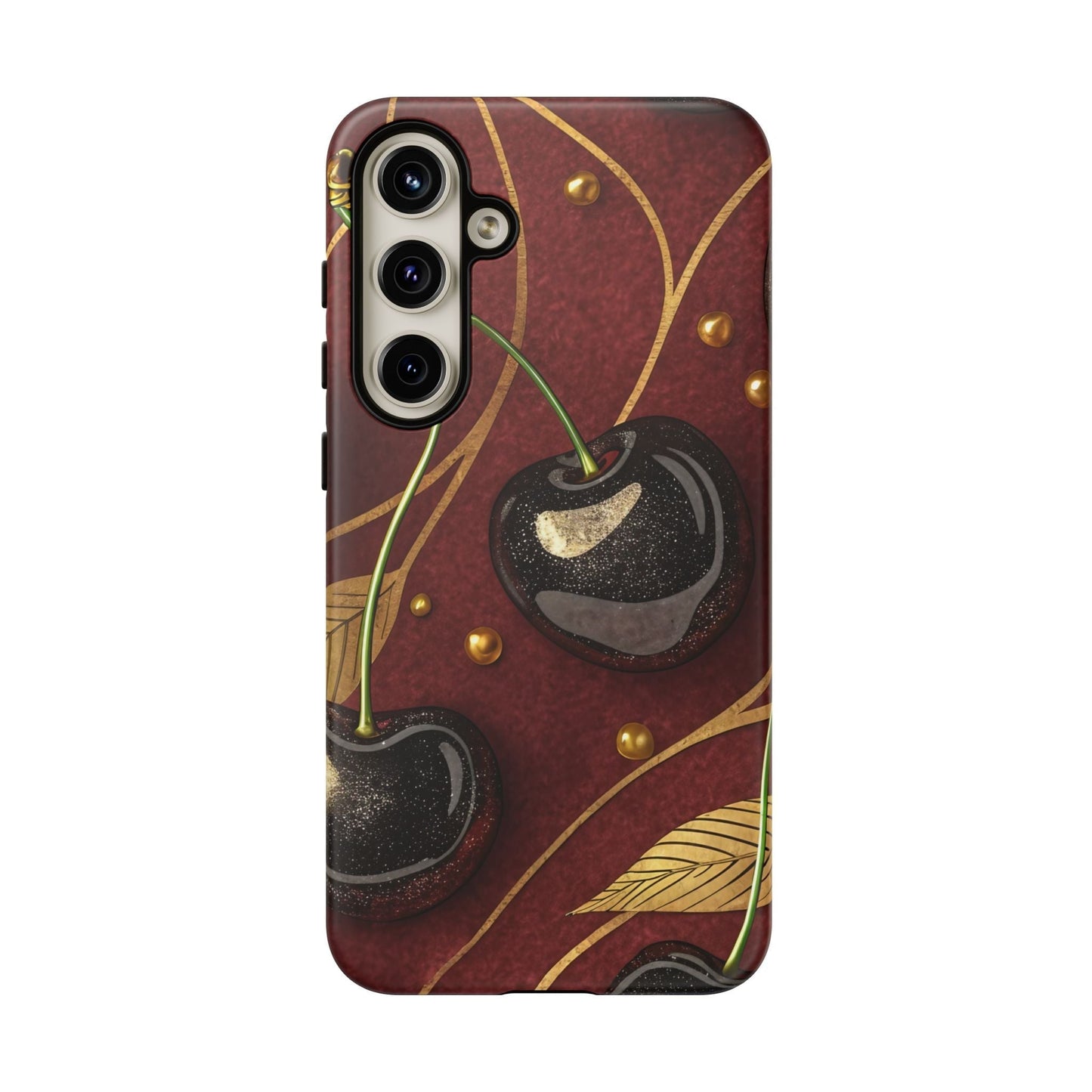 Golden Cherry Samsung Tough Case with 3D black cherry design and gold accents for Samsung phone protection against drops and scratches