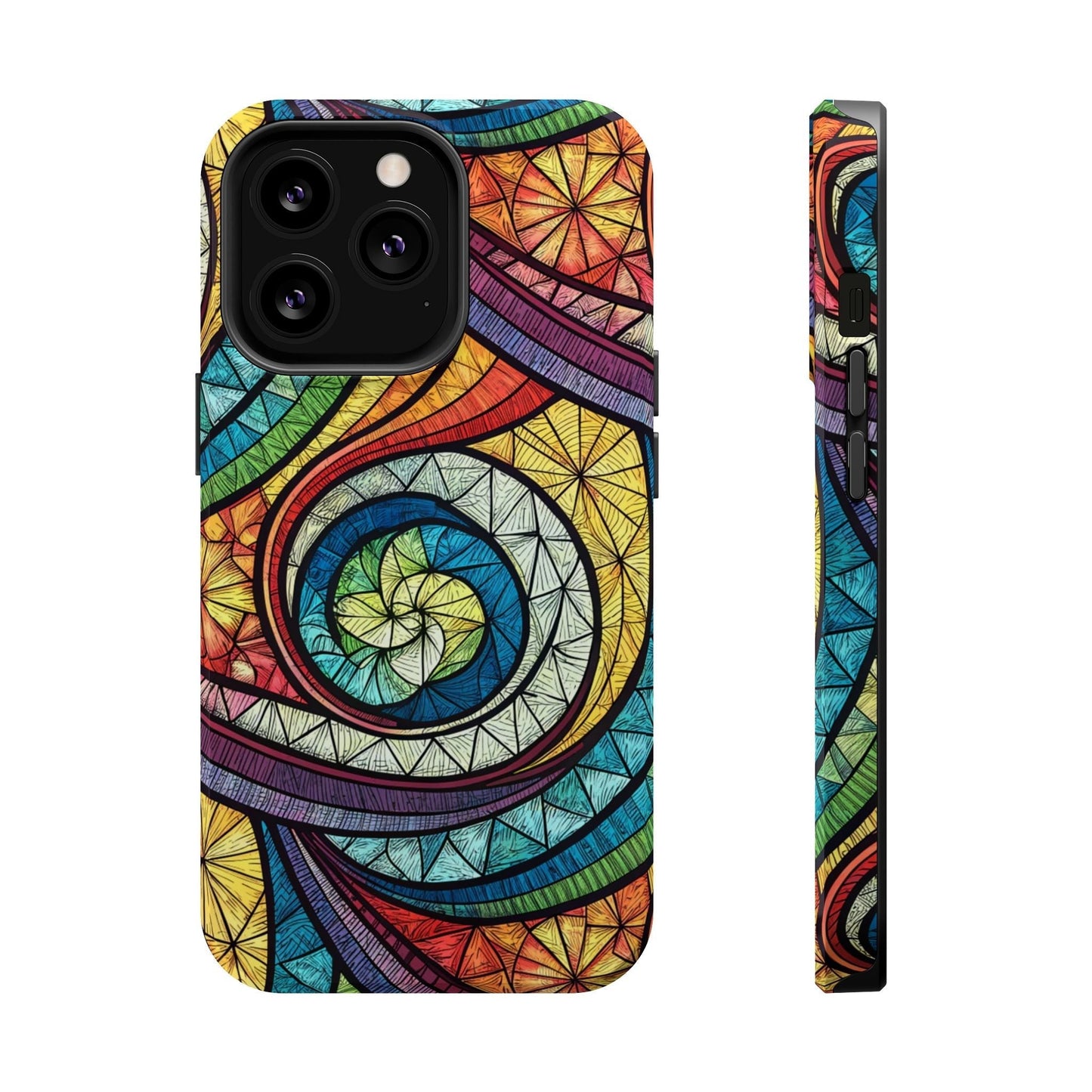 Stained glass inspired rainbow swirl iPhone case with durable dual-layer protection and MagSafe compatibility