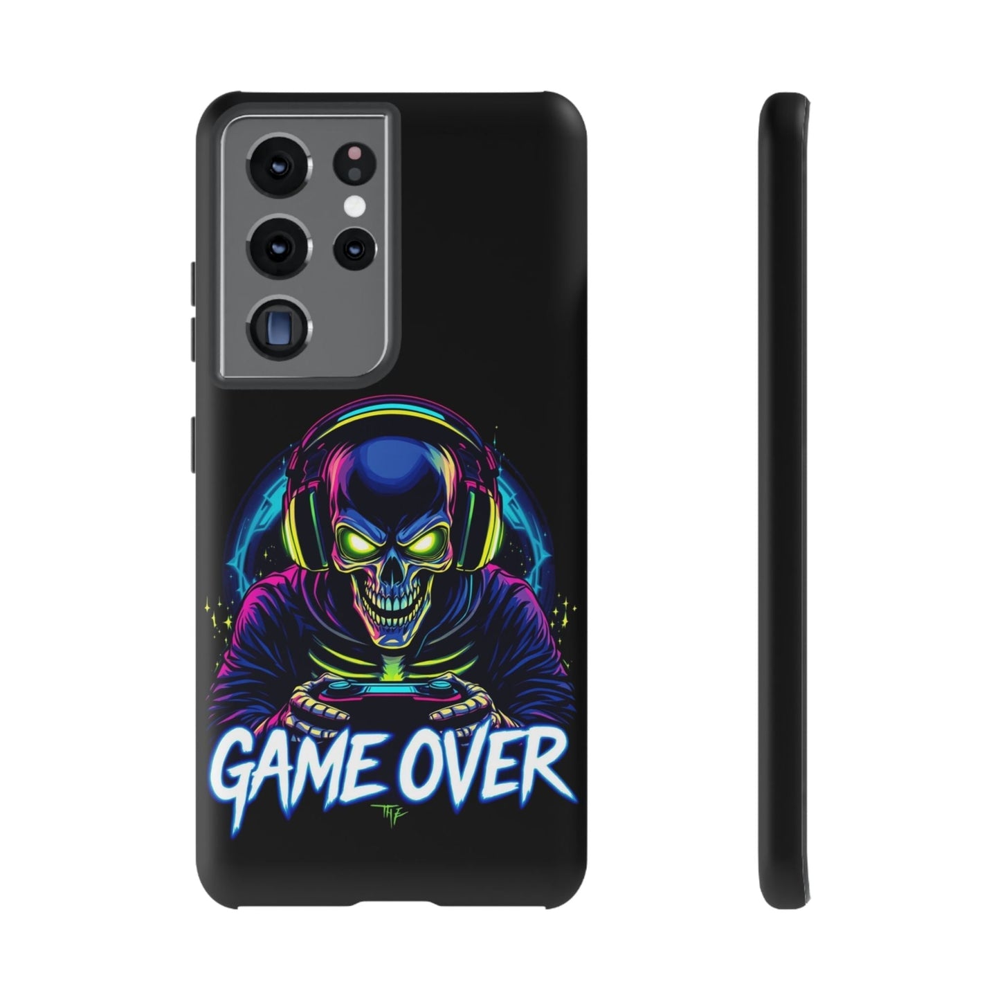 Game Over Design Samsung tough case with neon skull gamer graphic, impact-resistant protection for Galaxy phones