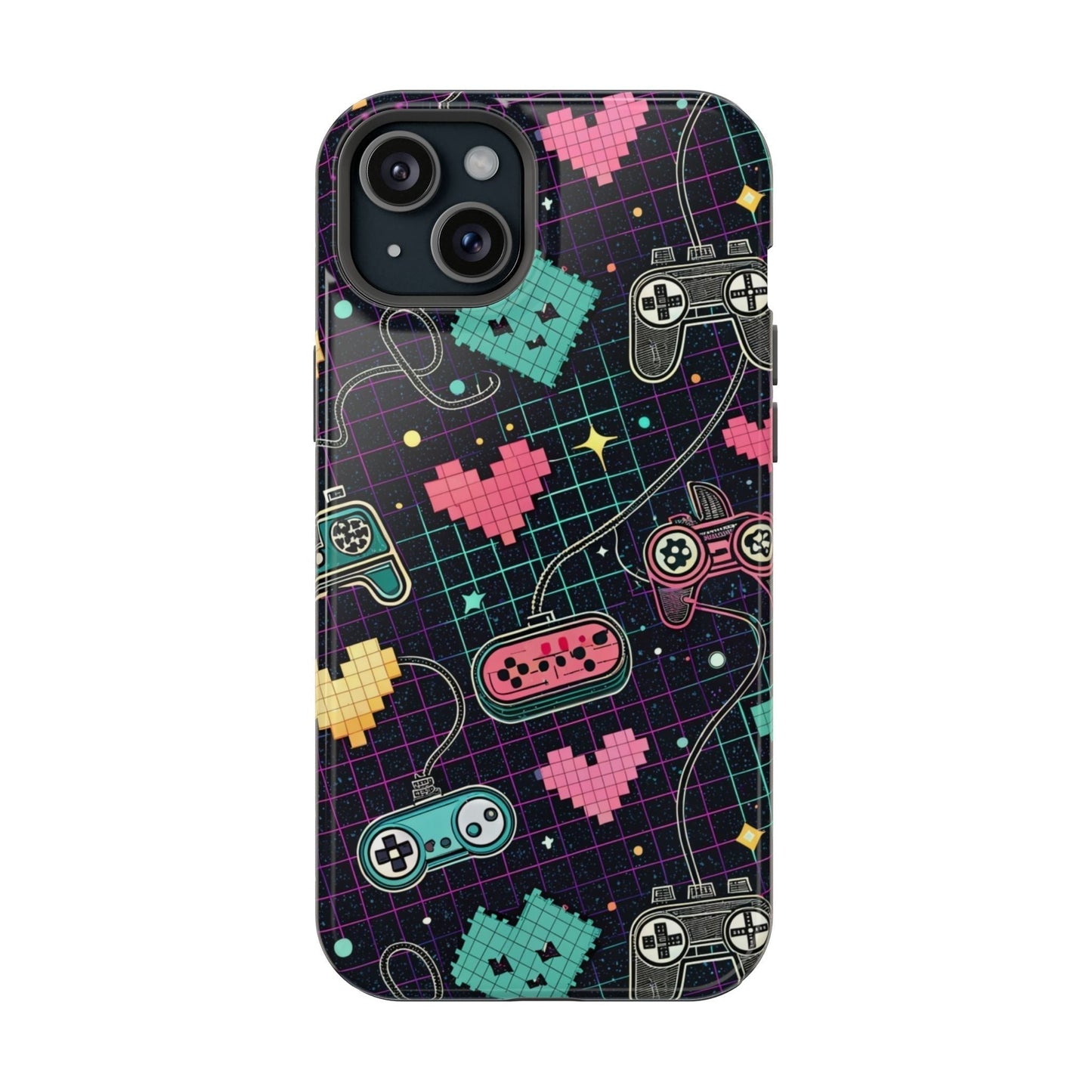 Retro Gamer Inspired durable dual-layer iPhone case with MagSafe, featuring pixelated hearts and classic game controllers design