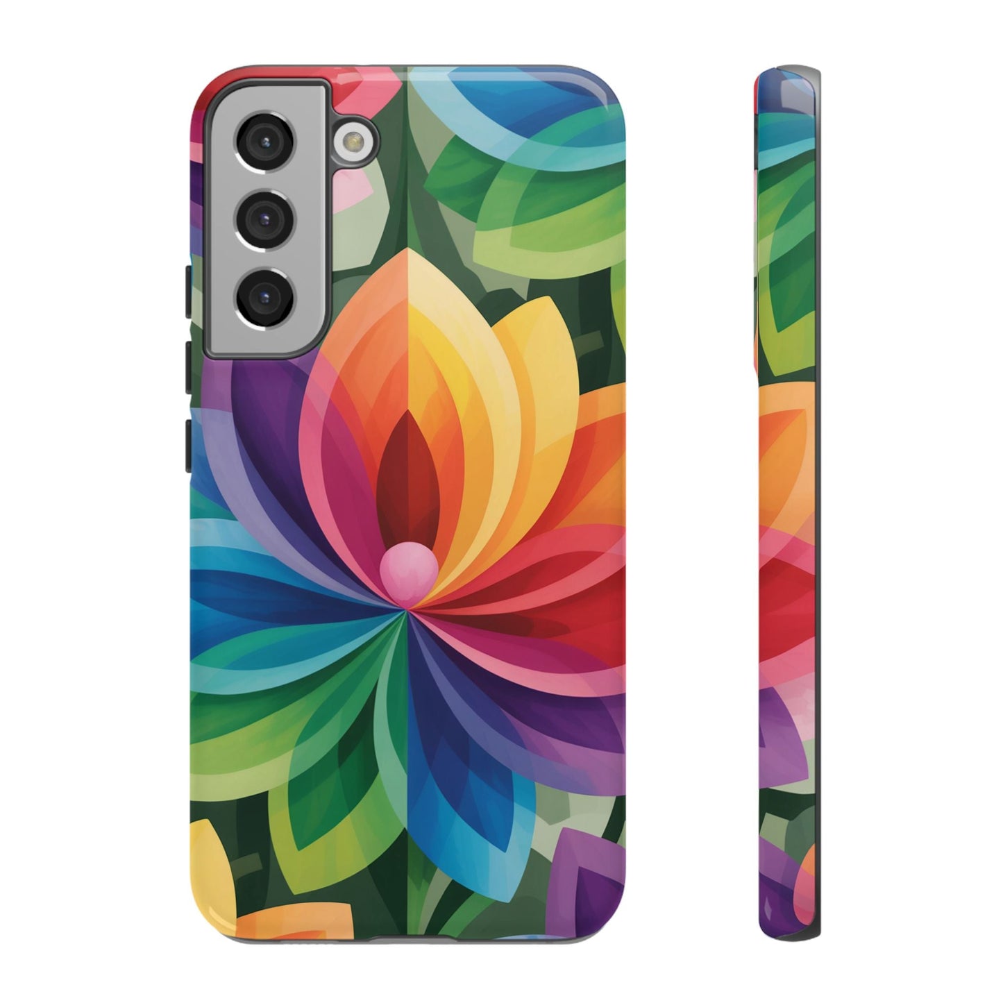 Rainbow Flower Phone Case with vibrant multicolor floral design, durable protective cover for Samsung phones.