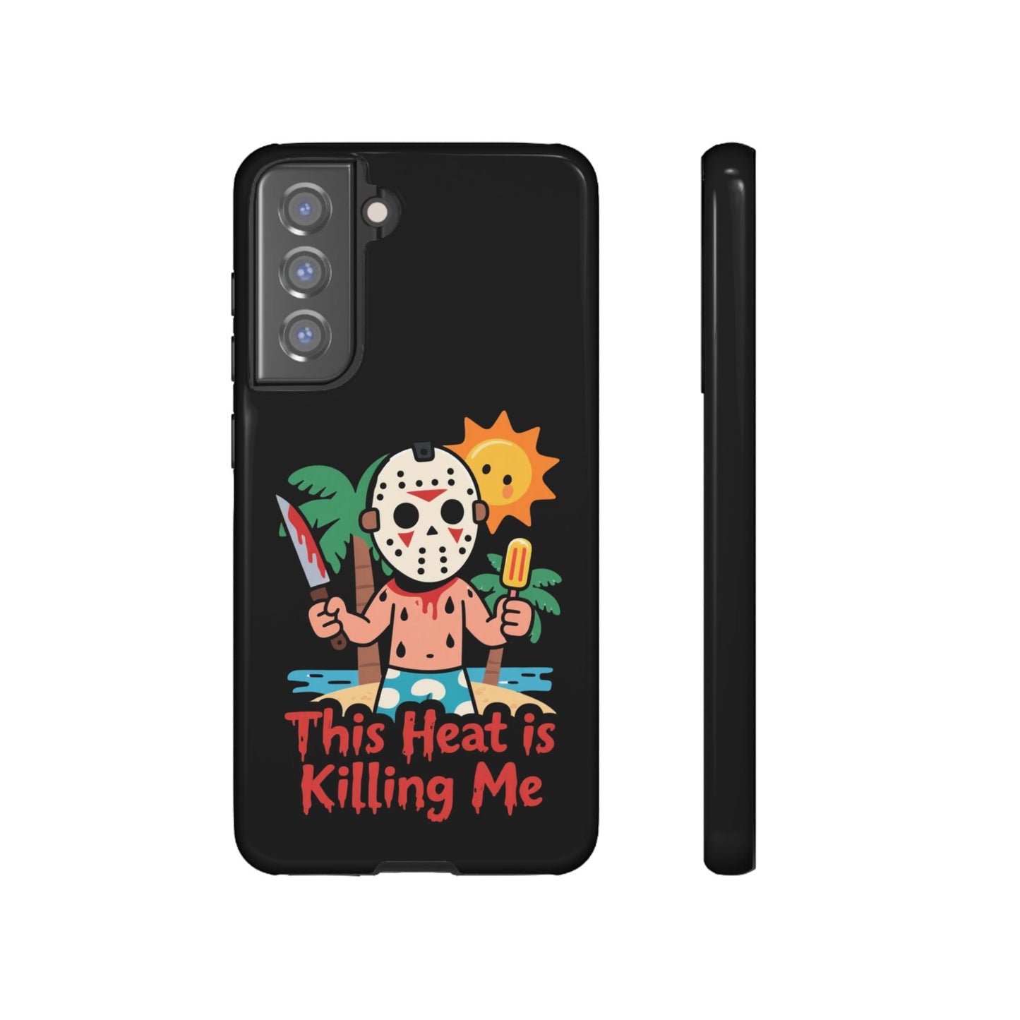Samsung phone case with Heat is Killing Me Summerween design featuring a cartoon character holding a knife and popsicle under a sun, durable and shock-resistant