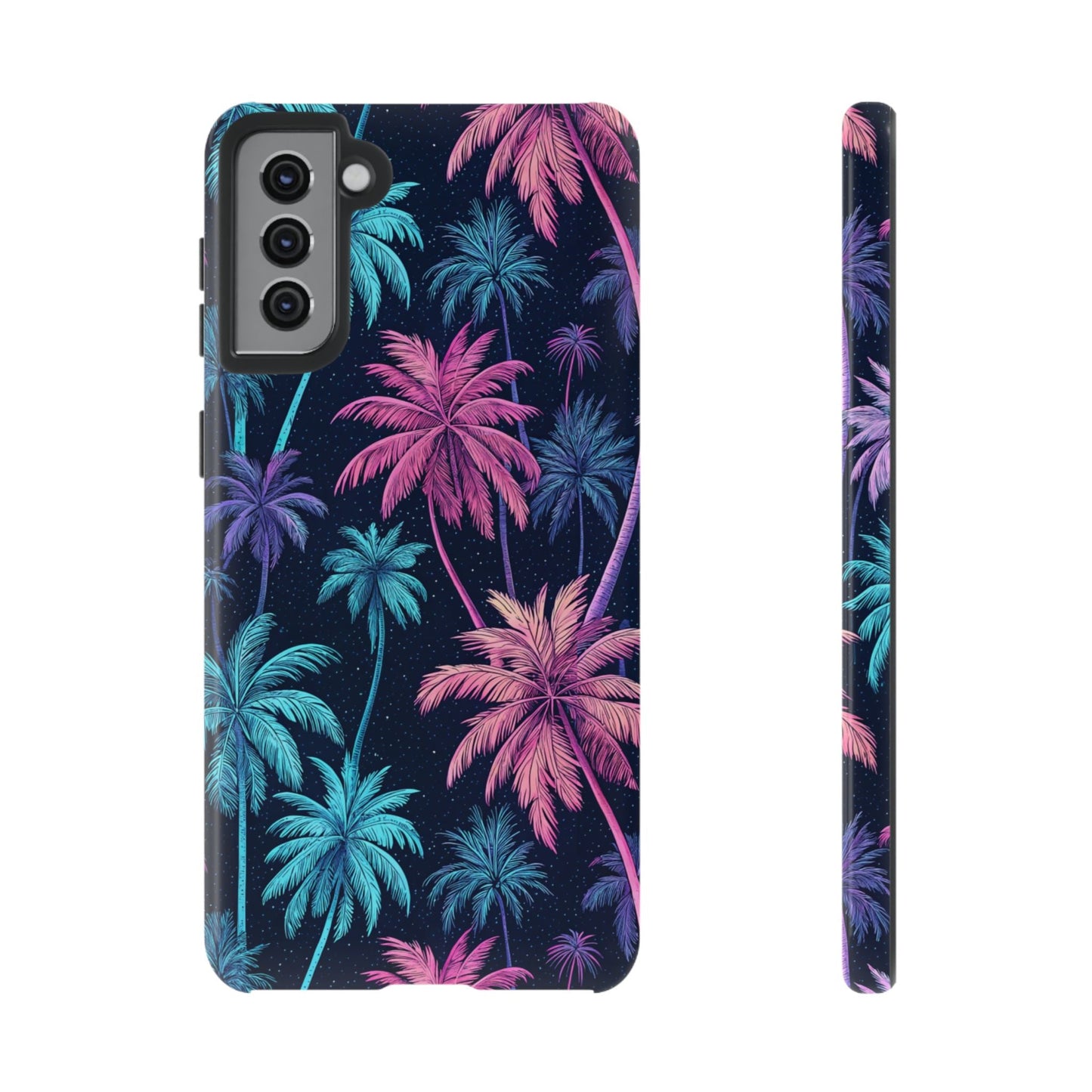 Samsung Galaxy phone case with vibrant neon blue and pink palm tree design on black background, protective and stylish tropical cover