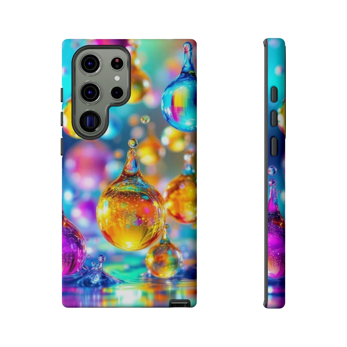 Samsung phone case with vibrant golden raindrop 3D design, durable and shock-absorbing protection for Samsung Galaxy models