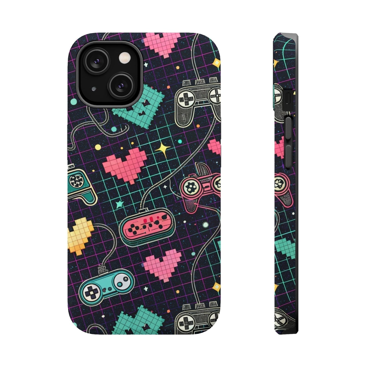 Retro Gamer Inspired durable dual-layer iPhone case with MagSafe featuring colorful pixelated hearts and classic game controllers on a dark grid background.