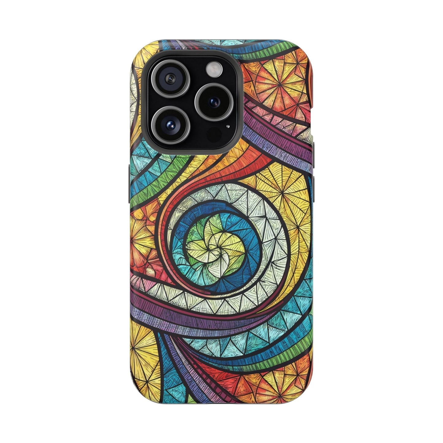 iPhone case with stained glass inspired rainbow swirl design, durable dual layer protection, and built-in MagSafe magnet