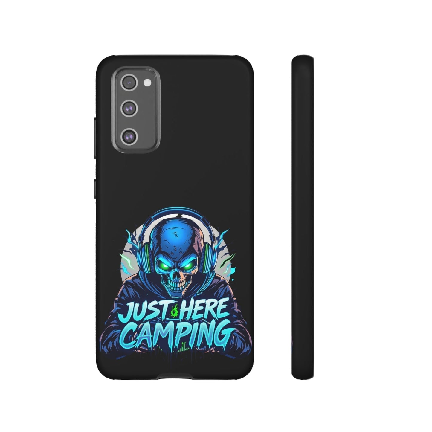 Samsung Tough Case with blue skull gaming design and "Just Here Camping" text for gaming enthusiasts case