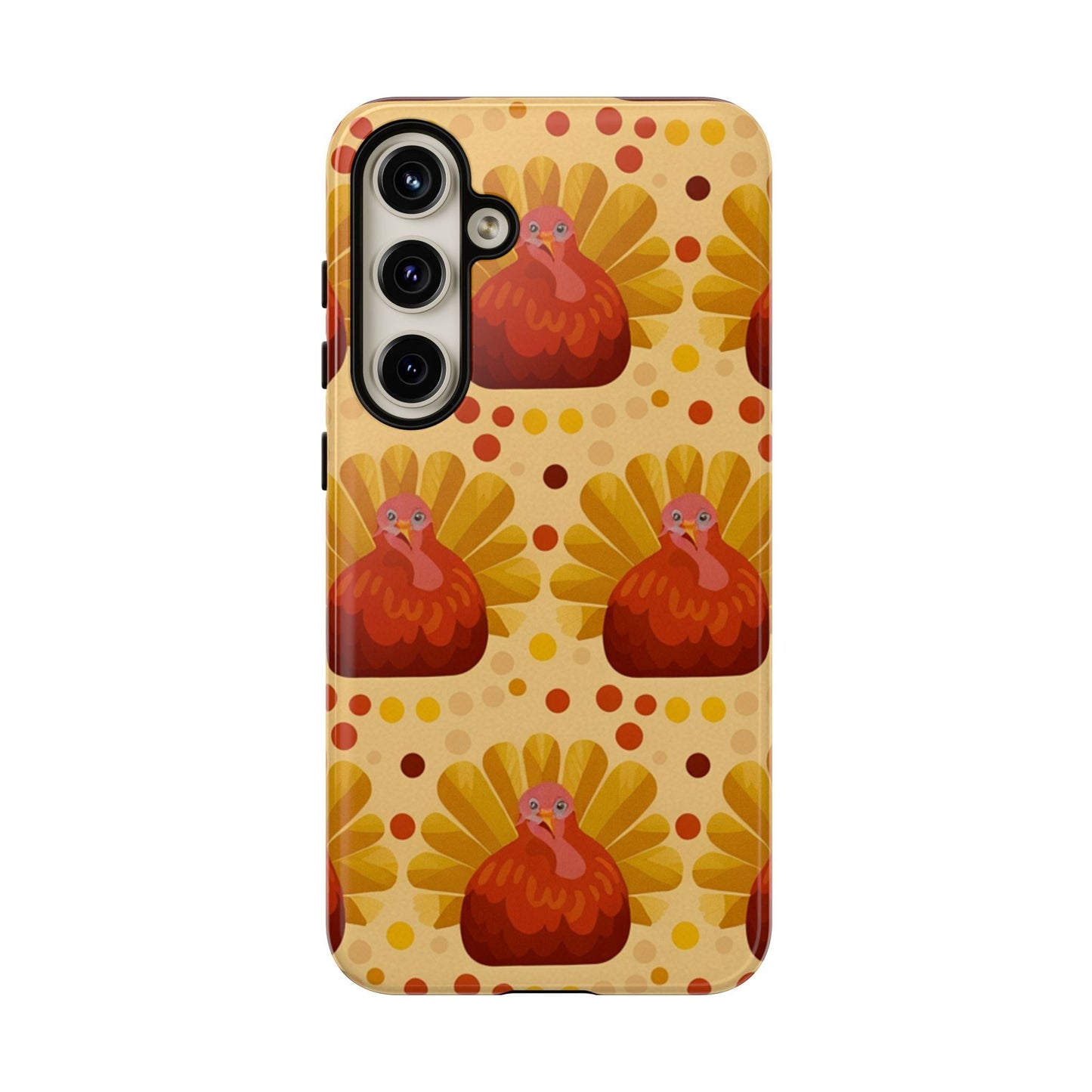Turkey Samsung phone case with festive turkey pattern, durable shock-absorbing dual-layer design, compatible with wireless charging.