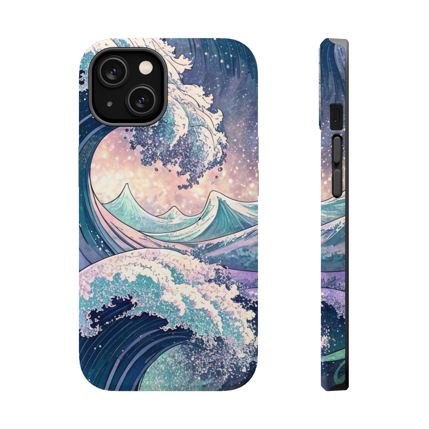 iPhone magnetic tough case with crashing waves design, dual-layer polycarbonate protection, available in matte or glossy finish, compatible with MagSafe accessories