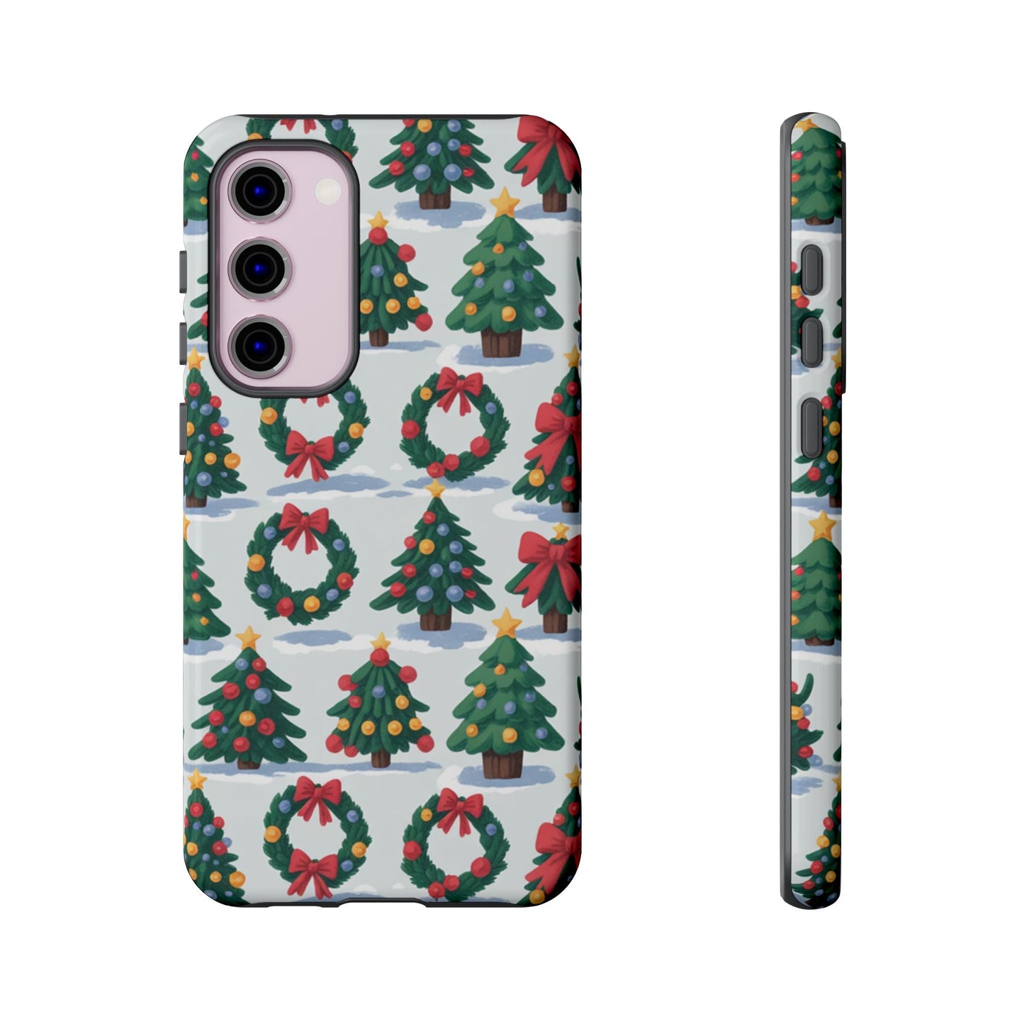 Samsung phone case with festive holiday wreath and decorated Christmas tree pattern for durable protection