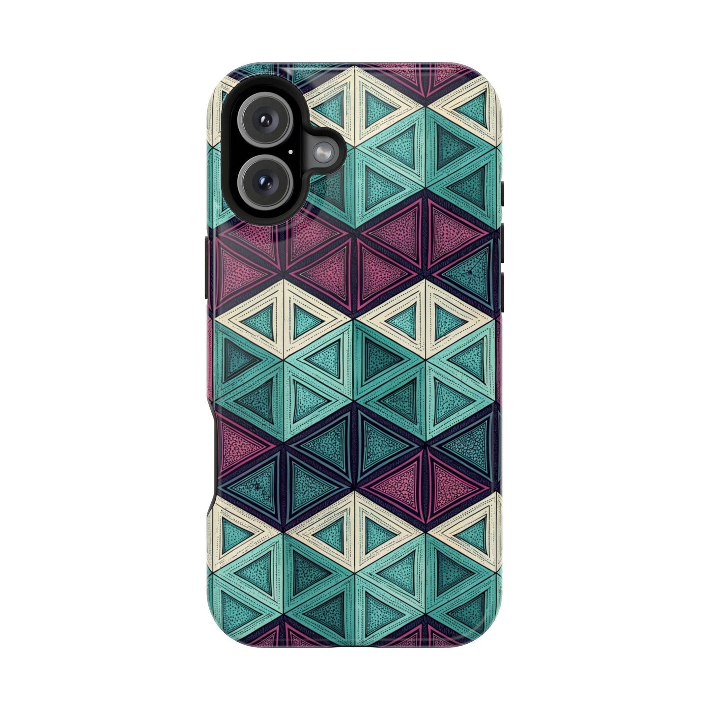 Purple and teal abstract geometric pattern MagSafe compatible iPhone tough case with dual-layer protection